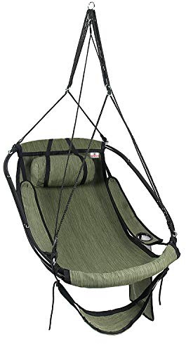 Bathonly Hängesessel mit Fußstütze, Sky Chair mit Metallstange, Hängeschaukel, Hängestuhl Outdoor Mit Seitentasche, Getränkehalter, Stützkissen, bis 150 Kg Belastbar, Grün
