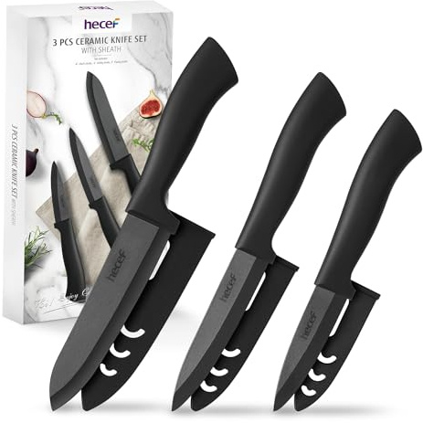 hecef Keramikmesser set 3-teilig, Scharf Küchenmesser Set Nie Eingerostet, Keramikmesser Klein mit Schutzhüllen - 6'' Kochmesser, 4'' Obstmesser, 3'' Gemüsemesser