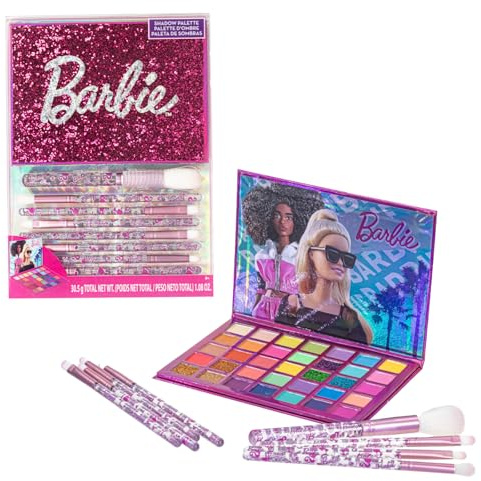 Barbie Schattenpalette mit 35 Löchern, schimmernde und abdeckende Farben, pigmentiert, mischbar, 8 Anwendungsbürsten, ab 8 Jahren, perfekt für Partys, Nächte und Makeovers, von Townley Girl