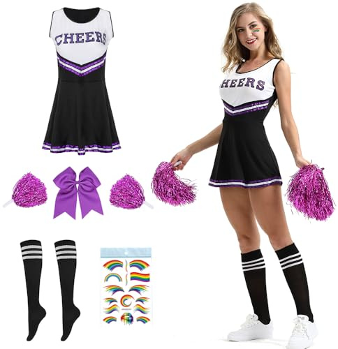 Cheerleader Kostüm Damen für Erwachsene,Cheerleading outfit,Cheerleadering Outfit,High school musical cheerleader kostüm,Cheerleader Pompoms für Verkleidung Karneval Party Cosplay Fasching Halloween
