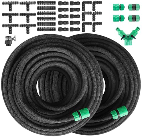 Tropfschlauch Set, Garten Tropfschläuche, Perlschlauch für Tropfbewässerung, Bewässerungsschlauch mit 6 Stück Tropfschlauch T-Stück für Gemüsebeet, Gartenbeete, Rasen, Bäume