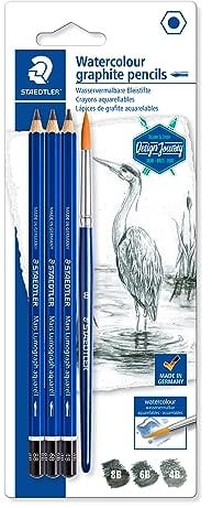STAEDTLER 100A SBK4 ST wasservermalbare Künstler-Bleistifte Mars Lumograph aquarell, Sechskantform, hohe Bruchfestigkeit, Premium-Bleistifte, 3 Härtegrade, 1 Rundpinsel, 100A SBK4