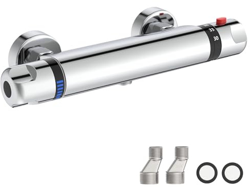 Chrom Thermostat Duscharmatur mit Sicherheitssperre zum Verbrühungsschutz | 1/2 Aufputz Mischbatterie Dusche 38 ℃ Sicherheitssperre Armatur Badezimmer Dusche aus Messing von BATHLAVISH