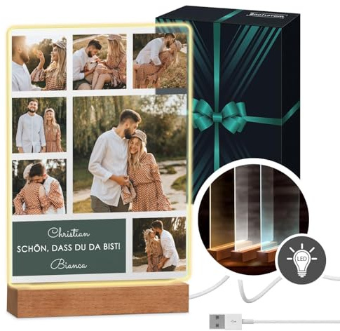 Maverton beleuchteter LED-Rahmen mit eigenem Foto, Glasbild für Männer | Personalisiertes Acryl Glasbild mit eigenem Foto mit LED-Beleuchtung, Glasfoto für Männer zum Geburtstag, Größe: 21x32x4,5cm