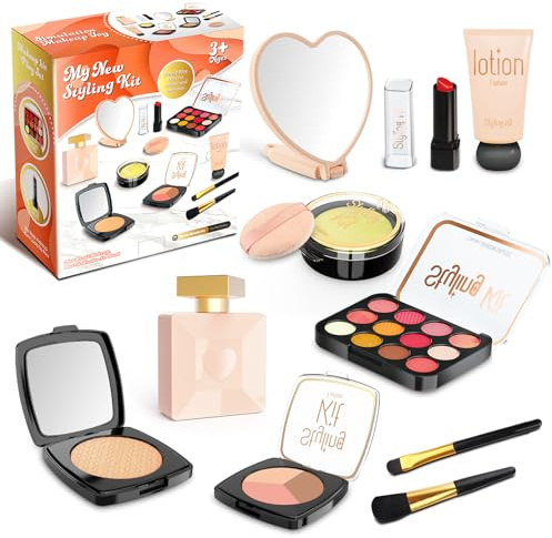 Vattikam Mädchen Schminkset Spielzeug, Sicherer und ungiftiger Unechte Kinderschminke Set mit Lidschatten, Lippenstift, Spiegel & Schminkpinsel für Mädchen ab 3 Jahren (Schwarz)