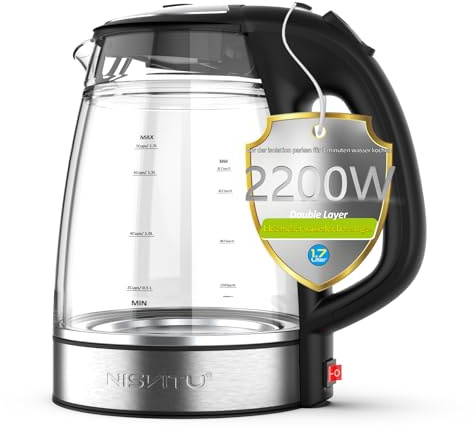 Wasserkocher Doppelwandig Glas 1,7L Ohne Plastik Mit Kalkfilter Heißwasserspender Kleiner BPA-Frei Leise Edelstahl Warmhaltefunktion Kabellos Groß Still LED Heater, Automatische Abschaltung Schwarz