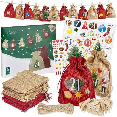 Adventskalender zum Befüllen 2026 - Jute Adventskalender zum Selbstbefüllen mit Beuteln, Stickern und Zahlen Aufkleber - Adventskalender zum Basteln - DIY Adventskalender Selber Befüllen LIVAIA