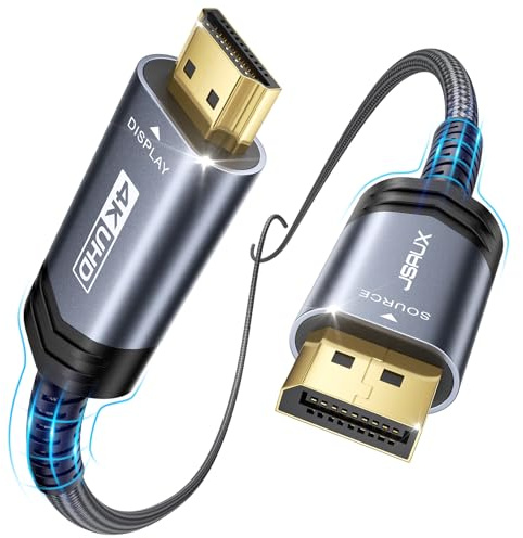 JSAUX 4K DisplayPort auf HDMI Kabel 2M, 4K@30Hz/2K@60/1080P@120 Unidirektionaler [Vergoldete, Geflochten, Aluminiumhülse] DP-Computer zu HDMI-Monitor Kompatibel mit Lenovo, HP, Dell, AMD, NVIDIA