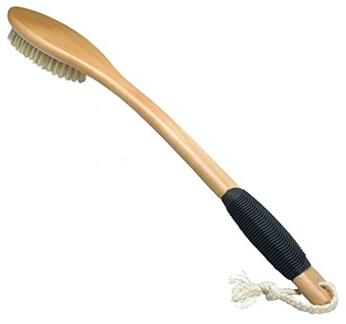 OWIIZI Badebürste aus Holz, gebogen, langer Griff, rutschfest, Duschbürste für Peeling, natürliche Borsten, Schrubber für den Rücken, nass oder trocken