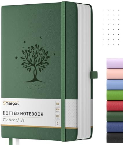 Smarpau Notizbuch A5, Hardcover Bullet Journal, 320 Seiten Gepunktetes Notizbüch, 100gsm Papier Leder Journal für Erwachsene Arbeit, Schreiben, Notizen, Lernen, Reisen, 14.5 x 21cm -Dunkelgrün