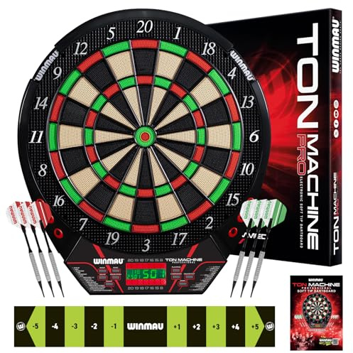 Winmau Elektronische Dartscheibe - Ton Machine Soft Tip Elektronische Dartscheibe, E Dartscheiben-Set mit 90+ Spielen & Digitaler Anzeigetafel für 8 Spieler - 2x Darts, Wurfleine, 10x Kunststoffspitze