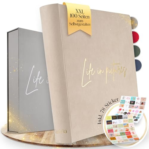 KenVia® Fotoalbum zum Selbstgestalten - XXL 100 weiße Seiten (50 Blatt)- Foto-Album 30x30 groß für 400 Fotos mit Stickern & Geschenkbox - Erzähle dein Leben in Bildern - Dein Fotobuch zum Einkleben