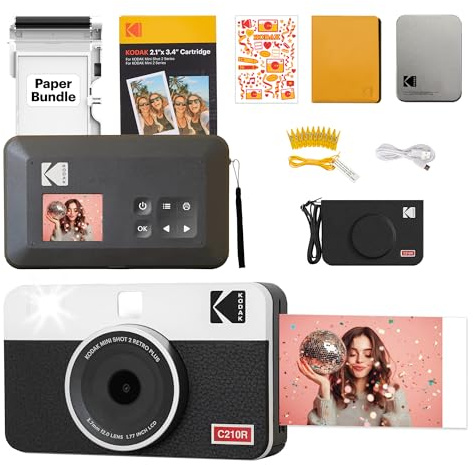 Kodak Mini Shot 2 Retro 4PASS Sofortkamera und trag printer 2-in-1, 5,3×8,6 Zentimeter Sofortdrucke, 38-Blatt Bundle mit Zubehör, Weiß