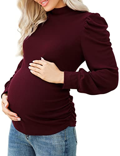 KOJOOIN Damen Umstandsshirt mit Streifen Kurzarm Umstandsbluse Rollkragen Umstandsmode mit Seite Geraffen