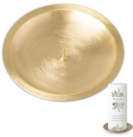MOMENTU® Kerzenteller rund mit Dorn – Messing gebürstet Ø 10 cm [Gold, Handarbeit] – Kerzenständer, Kerzenuntersetzer, Dekoteller, Kerzenschale Stumpenkerzen, Tauf-, Kommunion- und Konfirmationskerze
