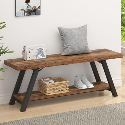 LVB Rustikales Braun Bank Moderne Aufbewahrungsbank für Schlafzimmer Holz-Metall Bank für Flur Esszimmer Wohnzimmer Bauernhaus Schuhregal Innen Akzent-Sitzbank für Diele Eingang Rustikales Braun 120cm