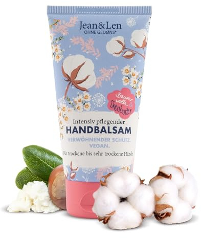 Jean & Len – Handbalsam Baumwolle & Sheabutter, Handpflege für trockene bis sehr trockene Hände, pflegt intensiv und ist dabei besonders mild, ohne Parabene und Silikone, vegan, Handcreme Tube, 75 ml