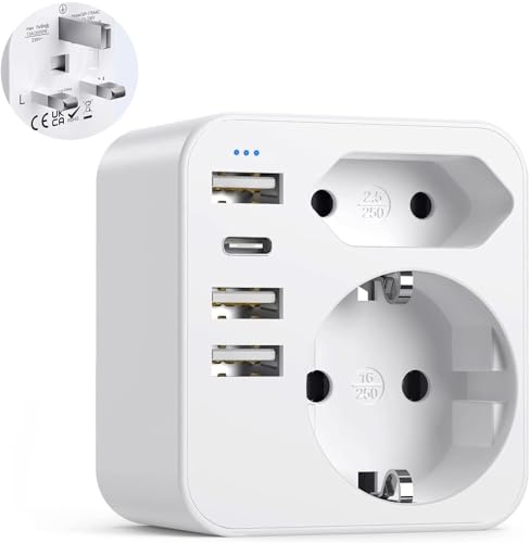 Adapter England Deutschland Stecker, Reiseadapter UK mit 3 USB 1 USB C(3.4A), Reisestecker Stromadapter Steckdosenadapter Typ G für England Großbritannien Irland Dubai, Malediven