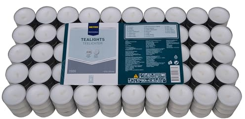 METRO Professional Teelichter, weiß, ohne Duft, 150 Stück, Großpackung, 6 Stunden Brenndauer, aus Paraffinwachs, für Stövchen, Deko, Gastronomie, Outdoor, Party und Windgläser, 37,5 mm Durchmesser