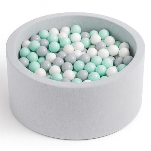 Angelove Bällebad Ø 90 × 30 cm mit 200 Bällen - Rundes Bällchenbad aus Schaumstoff, Abnehmbarer Bezug, Coton, Hellgrau