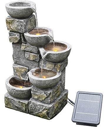 Solar-Wasserbrunnen für den Garten aus Stein mit Ornamenten und LEDs PT-SF0003