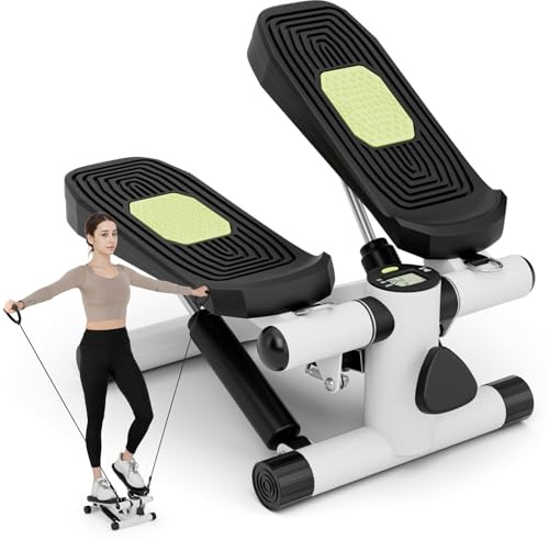 GYMAX Mini Stepper für Zuhause, Up-Down Stepper mit Power Ropes, LCD-Monitor & 5-stufige höhenverstellbare Pedale, Trainingsgerät bis 100kg, Fitnessgeräte für Zuhause (Weiß)