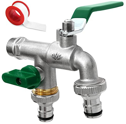 SHYNE Premium 3/4 Zoll Doppel-Wasserhahn aus Messing rost-, und frostsicher + 2X Gratis Schlauchanschlüsse + PTFE Band + Ebook | für Garten, Waschmaschine, Regentonne