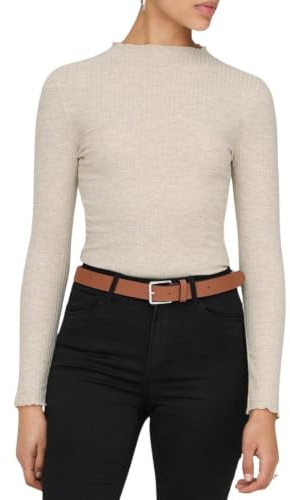 ONLY Damen Dünnes Langarmshirt, Gerippter Stehkragen Basic Longsleeve ONLEMMA, Wavy Top, Farben: Beige, Größe: M