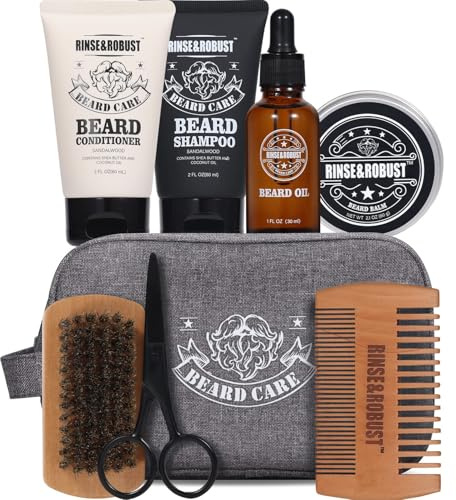 Rinse & Robust 8-teiliges Bartpflege-Set für Männer, Bartwäsche & Bart-Conditioner-Set, Sandelholz-Duft Geschenk mit Bartbürste, Bartkamm, Bartschere, Bartshampoo, Vatertagsgeschenk