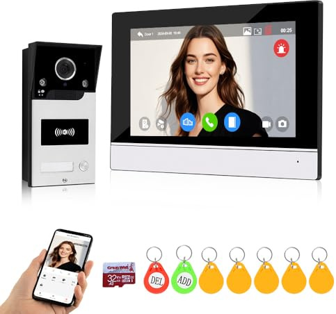 QTTYELOK TUYA WiFi Video Intercom Türklingel Eingangssystem 7inch 1080P HD Verdrahtete Video Türklingel Kamera mit Monitor, IR Nachtsicht, Aufnahme, RFID Karte/Smart APP Entsperren