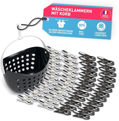culiclean Wäscheklammern mit Korb, 48x + 1 Korb, schwarz-Weiss | Wäscheklammer Blume, stabile Kluppen mit Softgrip, Kunststoff, 80 mm, windfest, UV-beständig, BPA-frei, Made in France
