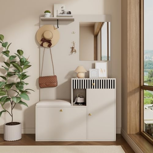 Merax Garderobenset 110x185,5x37 cm, Kompaktgarderobe mit Schuhschrank, Spiegel & Polsterkissen, Flurgarderobe Schrank mit Schubladen & verstellbaren Regalen, Dielenschrank Wohnwand, Graubeige