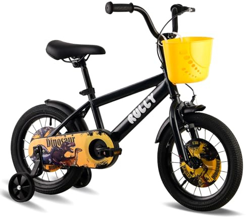 RULLY Dinosaur 16 Zoll Jungenfahrrad für Kinder von 4-7 Jahren, schwarz-gelb, mit abnehmbaren Stützrädern, Rücktrittbremse und Handbremse, Korb