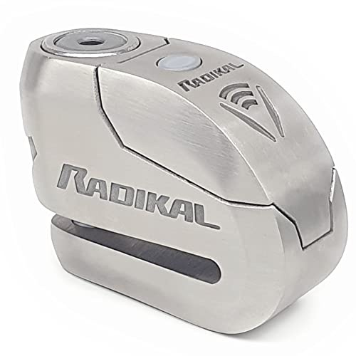 RADIKAL RK14S Bremsscheibenschloss Premium mit Alarm | Aktivierung nach Wahl, 120 dB, LED Warnung Voralarm | Motorrad Schloss SRA-Zertifiziert, aus Edelstahl, Doppelverriegelung Ø14, INOX