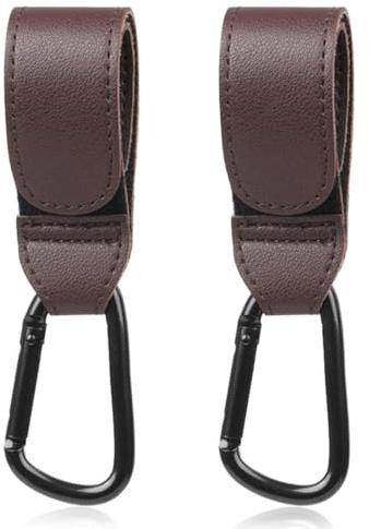 WeddHuis 2 Pcs Kinderwagen Haken Clips Leder Kinderwagen Taschenhalter Kinderwagenhaken für taschen Befestigen Sie Ihre Einkaufstüten Taschen sicher am Kinderwagen Universale Passform