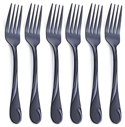 Seeshine Kuchengabeln Schwarz, 17,5 cm Edelstahlene Glänzende Schwarze Metall Dessertgabeln, Kleine Salatgabeln, Spülmaschinenfest und Spiegelpoliert, Set von 6 Stück