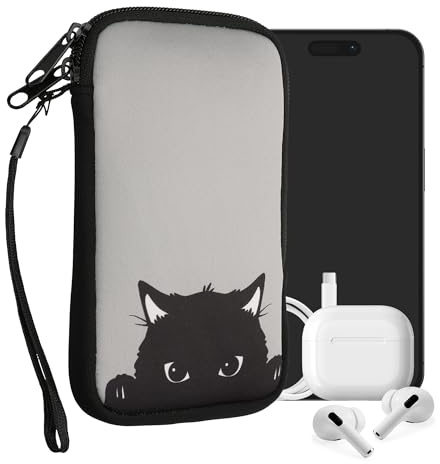 kwmobile Handytasche für Smartphones L - 6,5" - Neopren Handy Tasche Hülle Cover Case Schutzhülle - Neugierige Katze Grau Schwarz - 16,5 x 8,9 cm Innenmaße