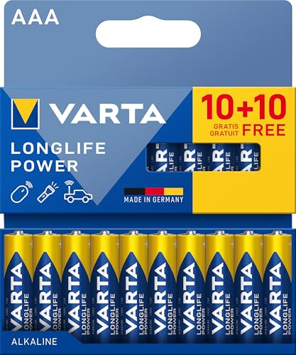 VARTA Batterien AAA, 20 Stück (10+10), Longlife Power - Alkaline Micro Batterien LR03 mit 1,5 V - Made in Germany - für energieintensive Geräte