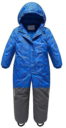 linboo Unisex Kinder Schneeanzug mit Kapuze Gefüttert Skioverall Wasserdicht Winddicht Schneeoverall Warm Skianzug für Jungen Mädchen, Labyrinth Blau, 128-134(Herstellergröße: 120)