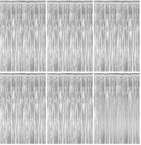 Quelcc 6 Stück Lametta Vorhänge, 1x2m Glitzervorhang Lametta mit Selbstklebendem Band, Wiederverwendbarer Glitzer Vorhang für Geburtstagsfeier Abschlussfeier Weihnachten Party Deko (Silber)