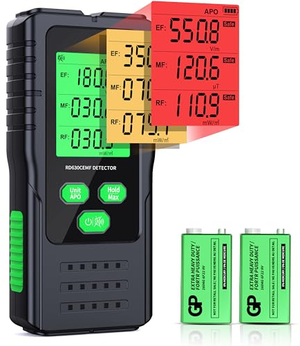 EMF Messgerät 3-in-1, YOJOCK tragbarer Strahlungsdetektor für EF, MF & RF Signale, inkl. zusätzlicher Batterie und deutscher Anleitung EMF Strahlungsmessgerät für Zuhause, Büro und Outdoor (Grün)
