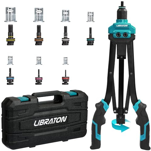 LIBRATON Nietmutternzange-Set, 16 Gewindenieten Zange-Set, Einnietmutternzange-Set mit 7 Metrischen Austauschbaren Dornen, 70 Nietmuttern, Tragetasche, Automatisches Entriegelungsmutter-Design