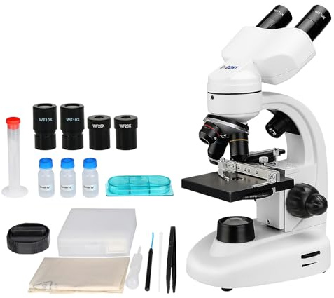 Svbony SV605 Binokular Mikroskop 80x-1600x für Erwachsene Studenten mit Dual-LED-Beleuchtung, Grober und feiner Fokus, mit 3 Objektive Voll Achromatisch, WF 10X,20X Okulare,Dual Focus Filter,Zubehör