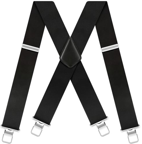 Hosenträger Herren Breit 5cm Hosenträger Herren Extra Stark Elastisch Verstellbar mit Sehr Starken 4 Metall Clip Einstellbar Suspenders für Arbeitshose Jeans Motorradhose lederhose X-form Schwarz