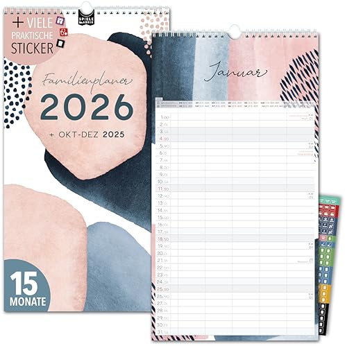 Familienkalender 2026 5 Spalten PASTELL Familienplaner 2026 mit STICKER Urlaub Recycling Ferien Wandplaner 2026 Wandkalender 23 x 43cm inkl. Okt-Dez 2025, Pflanzkalender, Kunst Design Boho