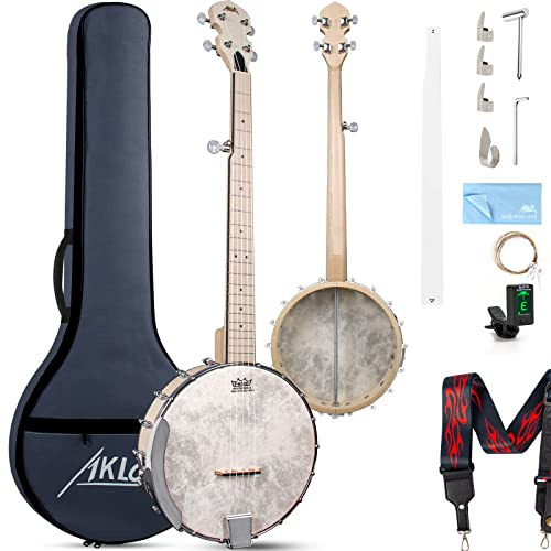 AKLOT Banjos mit 5 Saiten in voller Größe, offener Rücken, verstellbarer Ahorn-Körper, Remo-Kopf mit 2 Stimmschlüssel, 4 Plektren, Saiten, Stimmgerät, Gurtlineal, Reinigungstuch, Gigbag für Anfänger