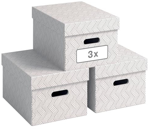 Leitz VON 3er Set Aufbewahrungsbox mit Deckel, 15 L, Mittel, 100 % Recyclingkarton, Geometrisches Design, Für Schule, Studium und Haushalt, Weiß, 3 Stück, 61410001
