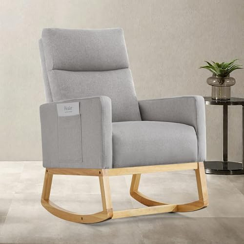 Aunekiv Schaukelstuhl Stillsessel Schaukelsessel, Gepolsterter Stillstuhl mit Holzbeinen & Seitentaschen, Hochlehner Stillen Sessel für Wohnzimmer, Schlafzimmer, Babyzimmer