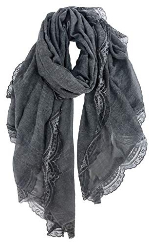 DAMILY Schals & Tücher für Damen mit Spitzenmuster, Schöner Weicher Halstuch und Musselin Tuch für Frauen, Langer Baumwolle lace Festliche Stola (Dunkelgrau)