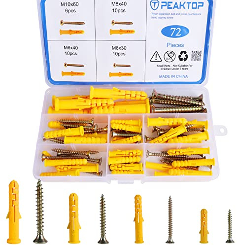 72 Dübel Schrauben Set, M6 M8 M10 Universaldübel Set mit Schrauben, Spreizdübel und Schrauben Set, Selbstschneidende Holzschrauben Senkkopf Treibschrauben für Ziegel Beton Trockenbau